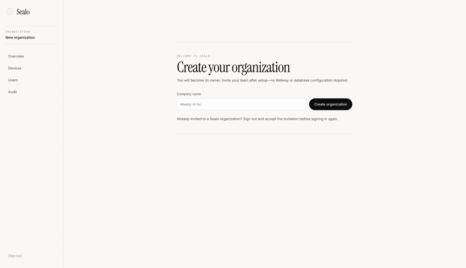 Sealo organization onboarding page with a company-name field